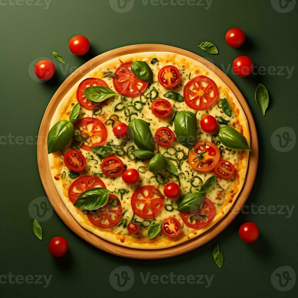 Vegetable pizza with cheese and tomatoes. High resolution. AI Generative photo