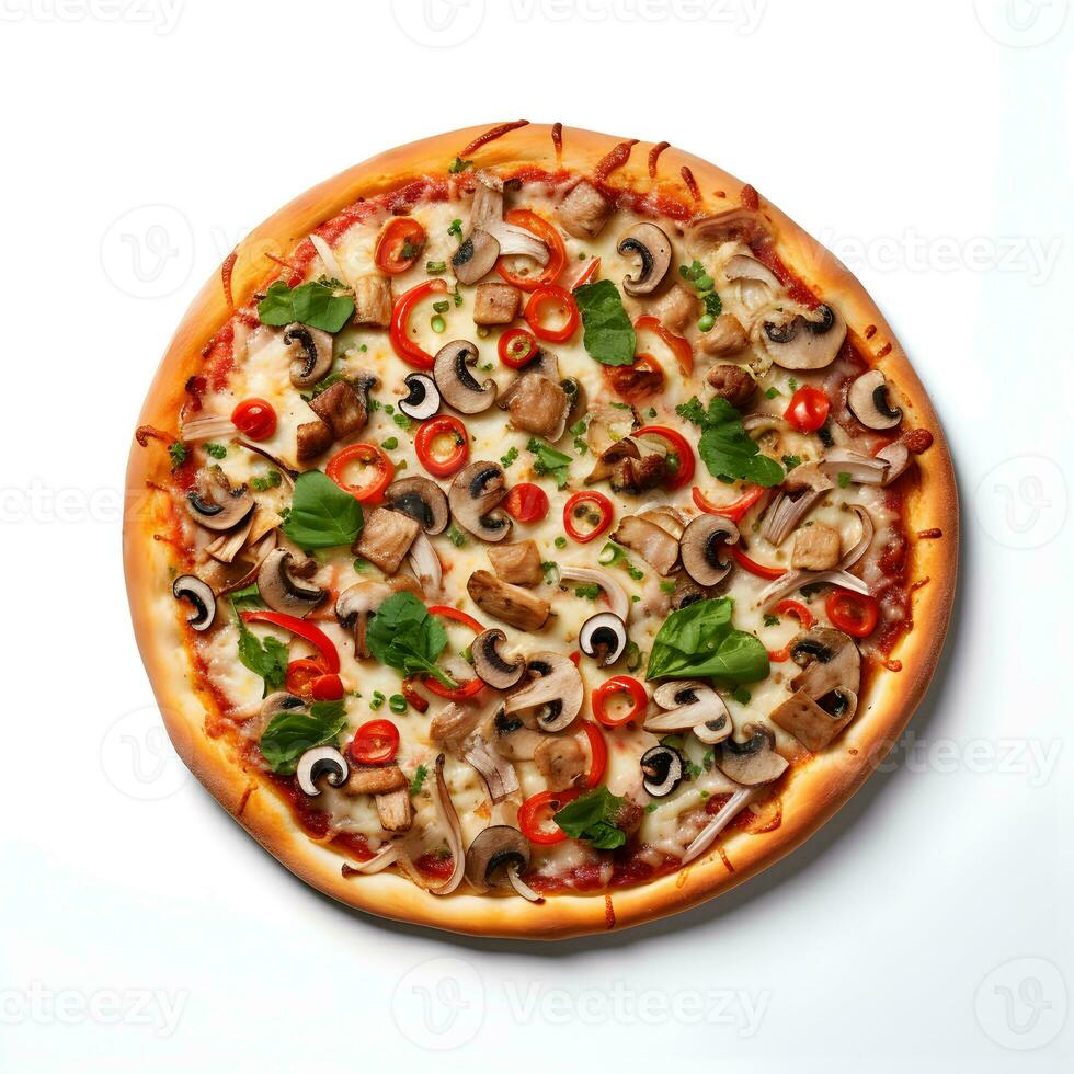 Vegetable pizza with cheese, mushrooms and tomatoes. High resolution. AI Generative photo