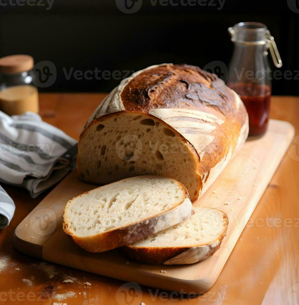 A loaf of fresh bread with sliced pieces. High resolution. AI Generative photo