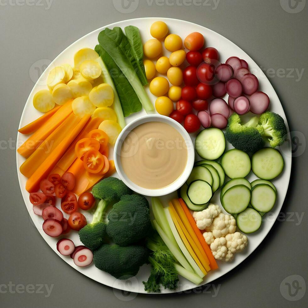 recién rebanado vegetales arreglado en un plato con salsa en el oscuro antecedentes. ai generativo foto