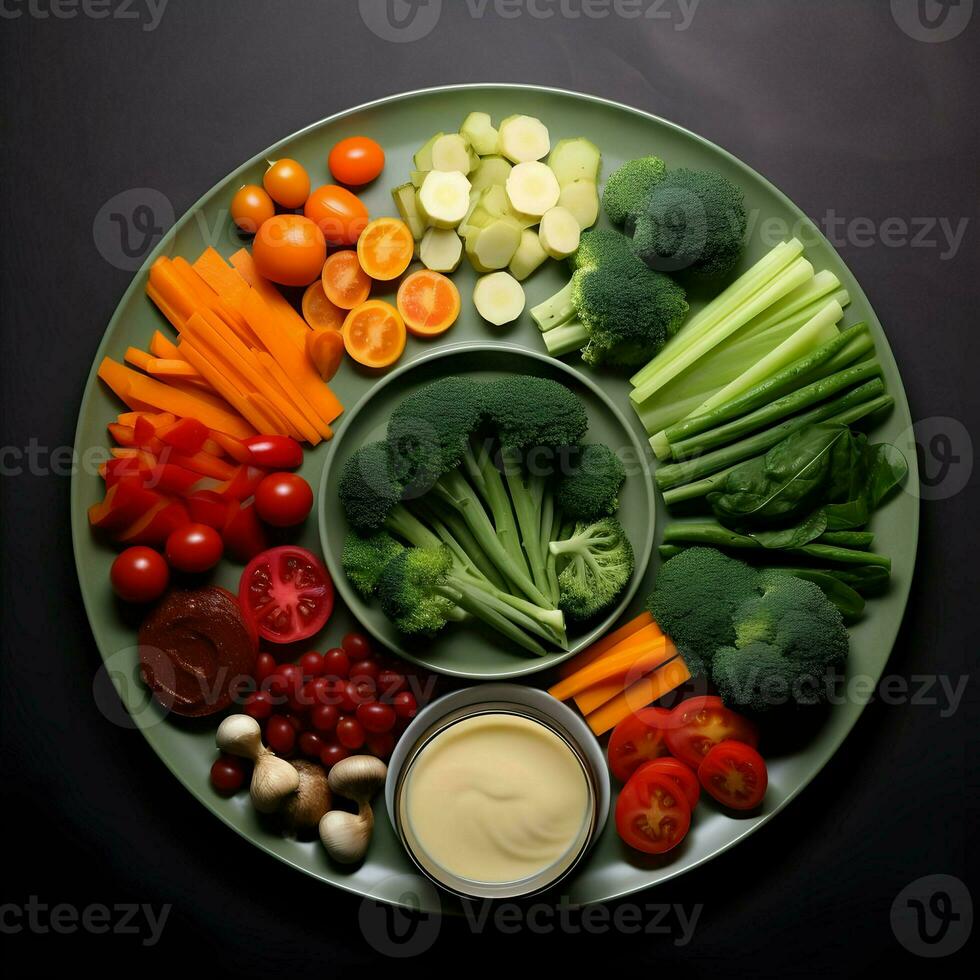 Freshly sliced vegetables arranged on a plate with sauce on the dark background. Ai generative photo