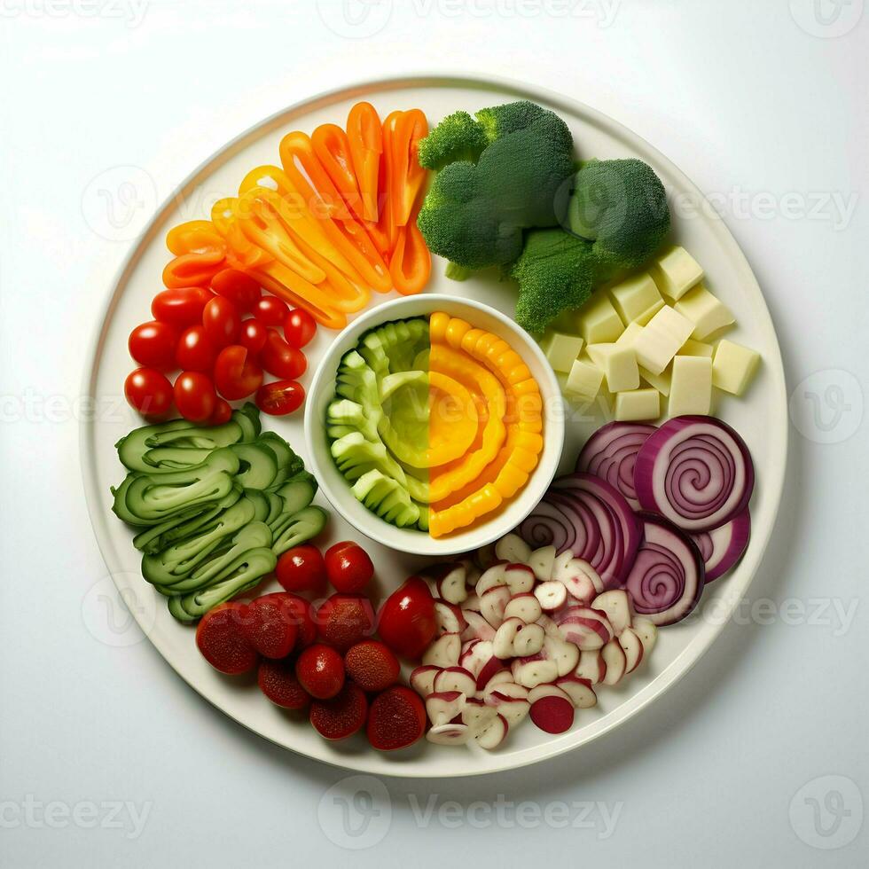 Freshly sliced vegetables arranged on a plate with sauce on the dark background. Ai generative photo