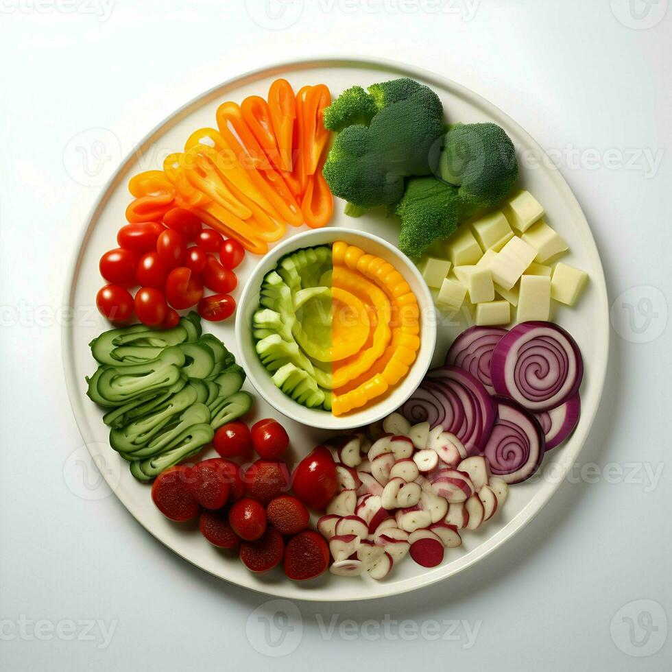 Freshly sliced vegetables arranged on a plate with sauce on the dark background. Ai generative photo