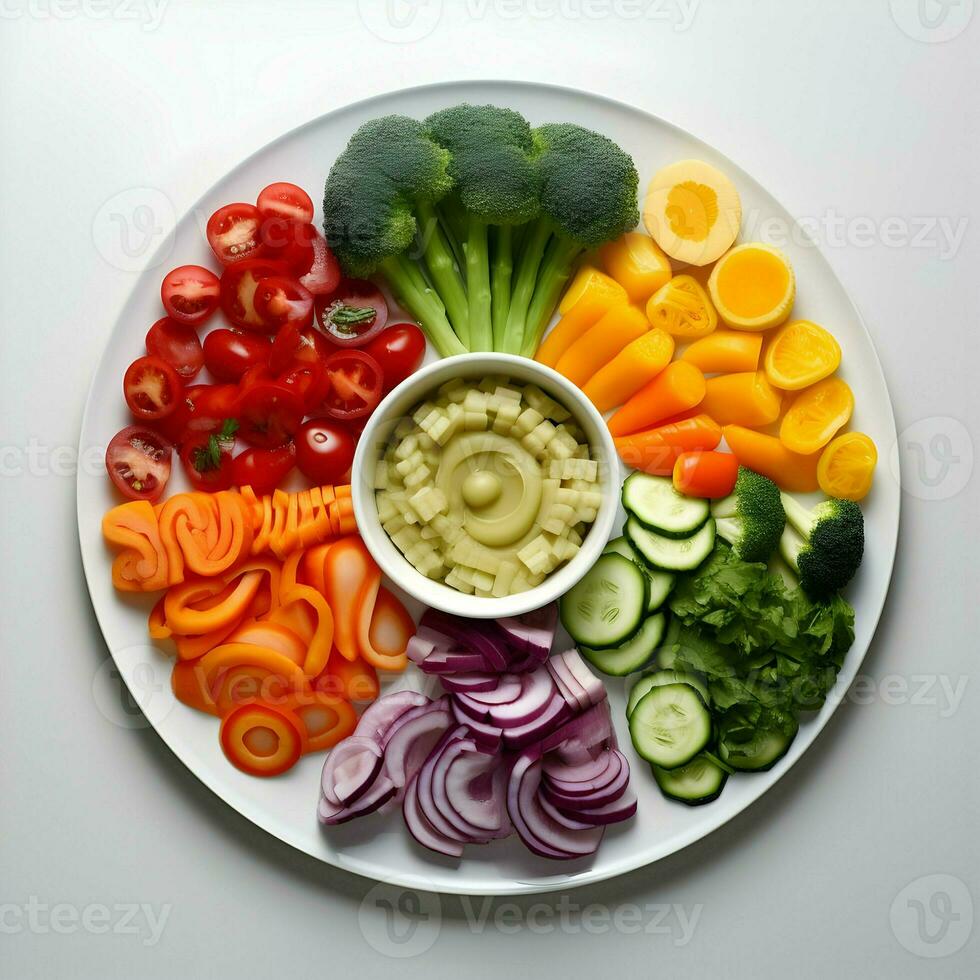 Freshly sliced vegetables arranged on a plate with sauce on the dark background. Ai generative photo