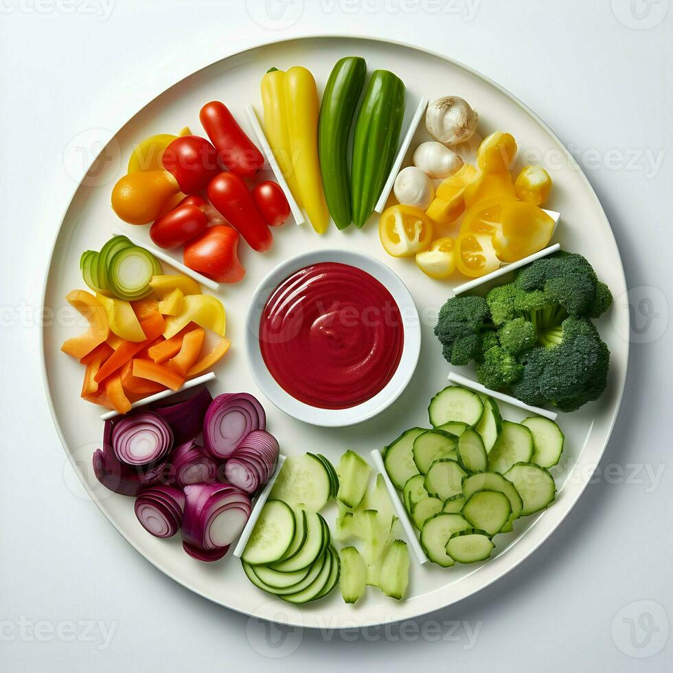 Freshly sliced vegetables arranged on a plate with sauce on the dark background. Ai generative photo