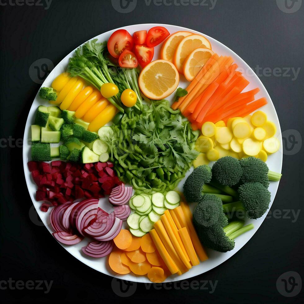 Freshly sliced vegetables arranged on a plate with sauce on the dark background. Ai generative photo