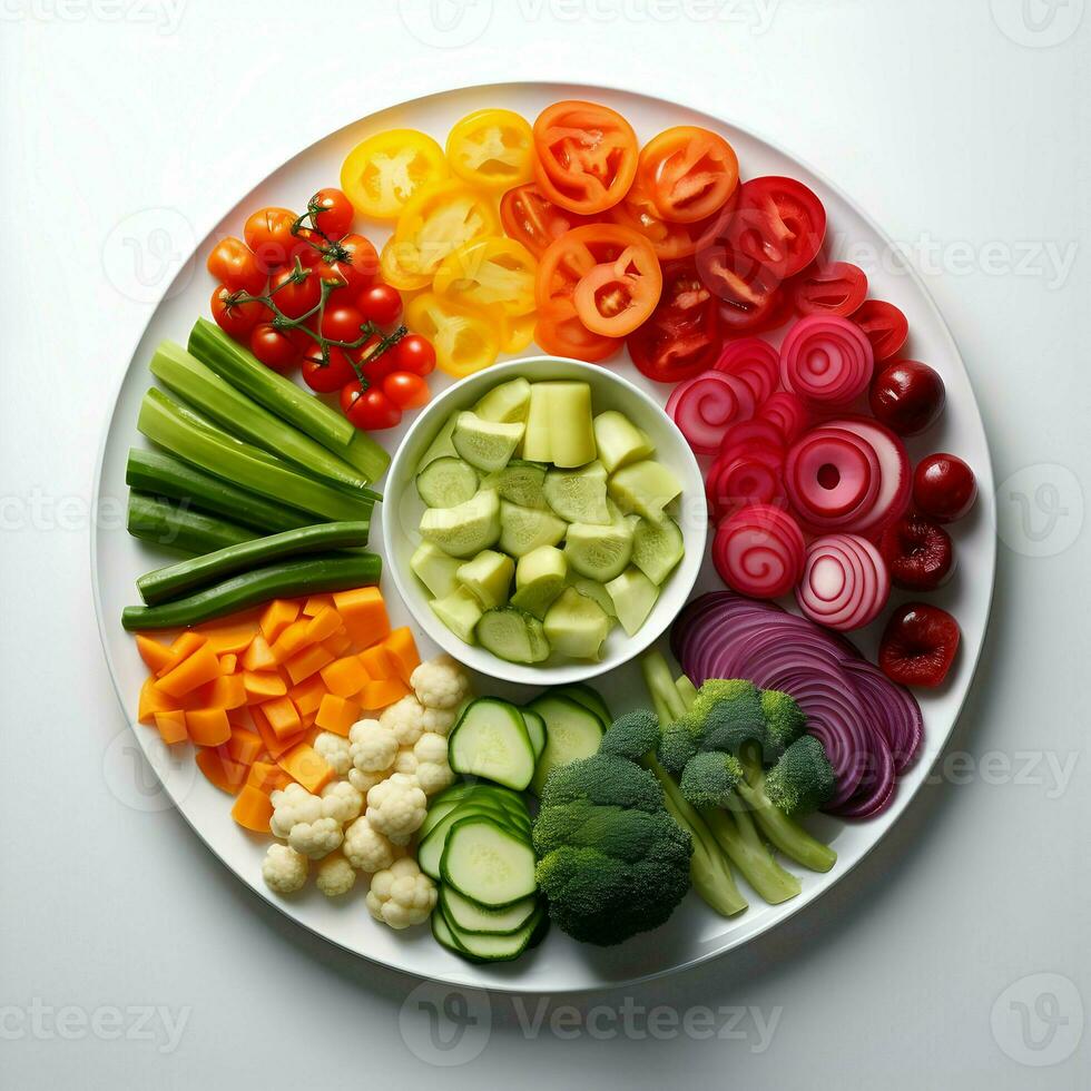 Freshly sliced vegetables arranged on a plate with sauce on the dark background. Ai generative photo