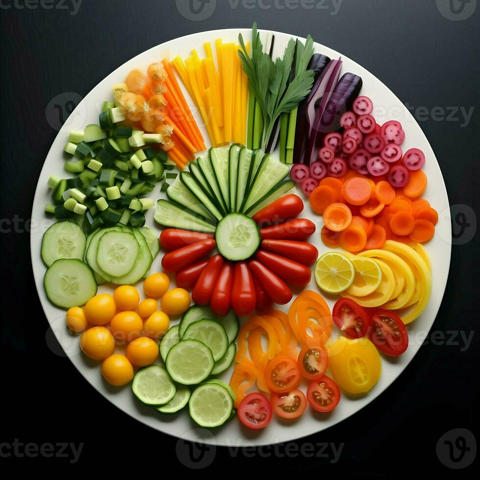 Freshly sliced vegetables arranged on a plate with sauce on the dark background. Ai generative photo