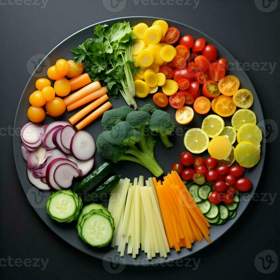 Freshly sliced vegetables arranged on a plate with sauce on the dark background. Ai generative photo