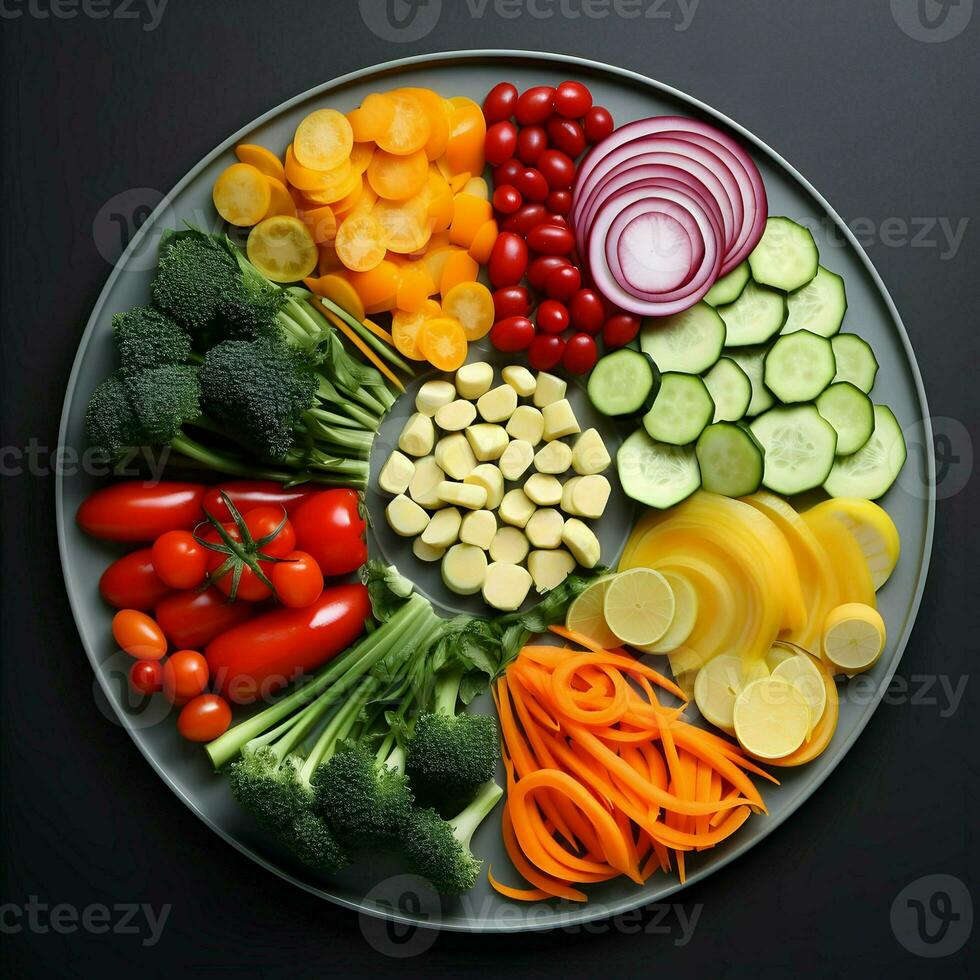 Freshly sliced vegetables arranged on a plate with sauce on the dark background. Ai generative photo