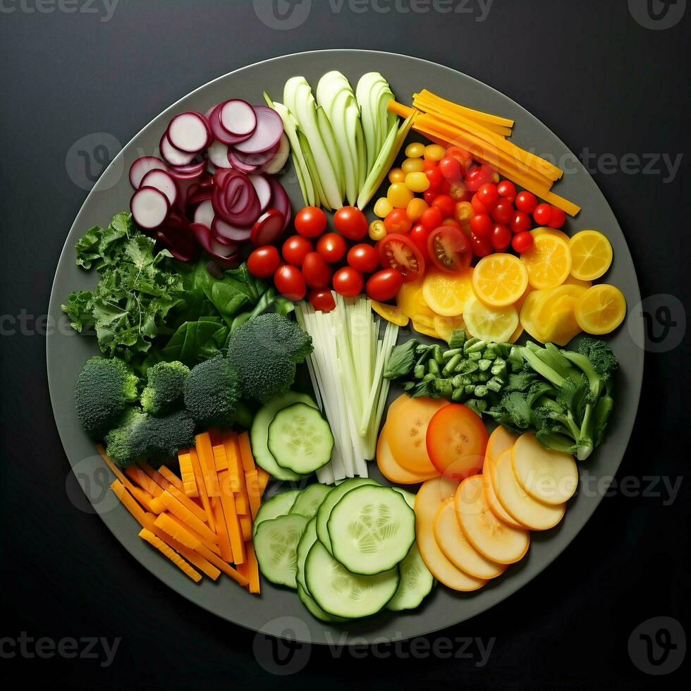 Freshly sliced vegetables arranged on a plate with sauce on the dark background. Ai generative photo