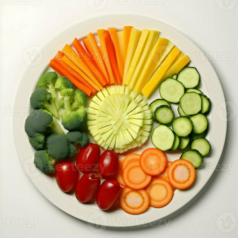 Freshly sliced vegetables arranged on a plate with sauce on the white background. Ai generative photo