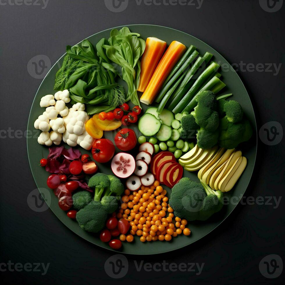 recién rebanado vegetales arreglado en un plato con salsa en el oscuro antecedentes. ai generativo foto