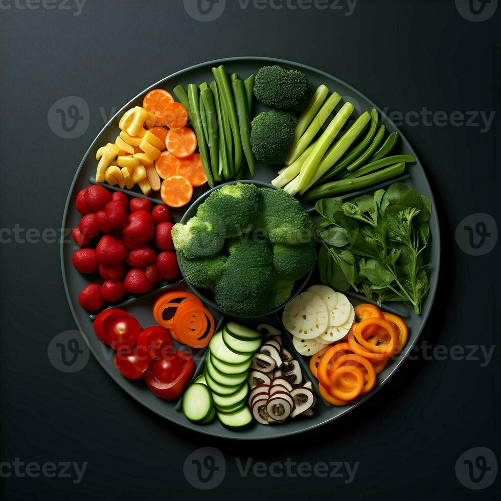 Freshly sliced vegetables arranged on a plate with sauce on the dark background. Ai generative photo