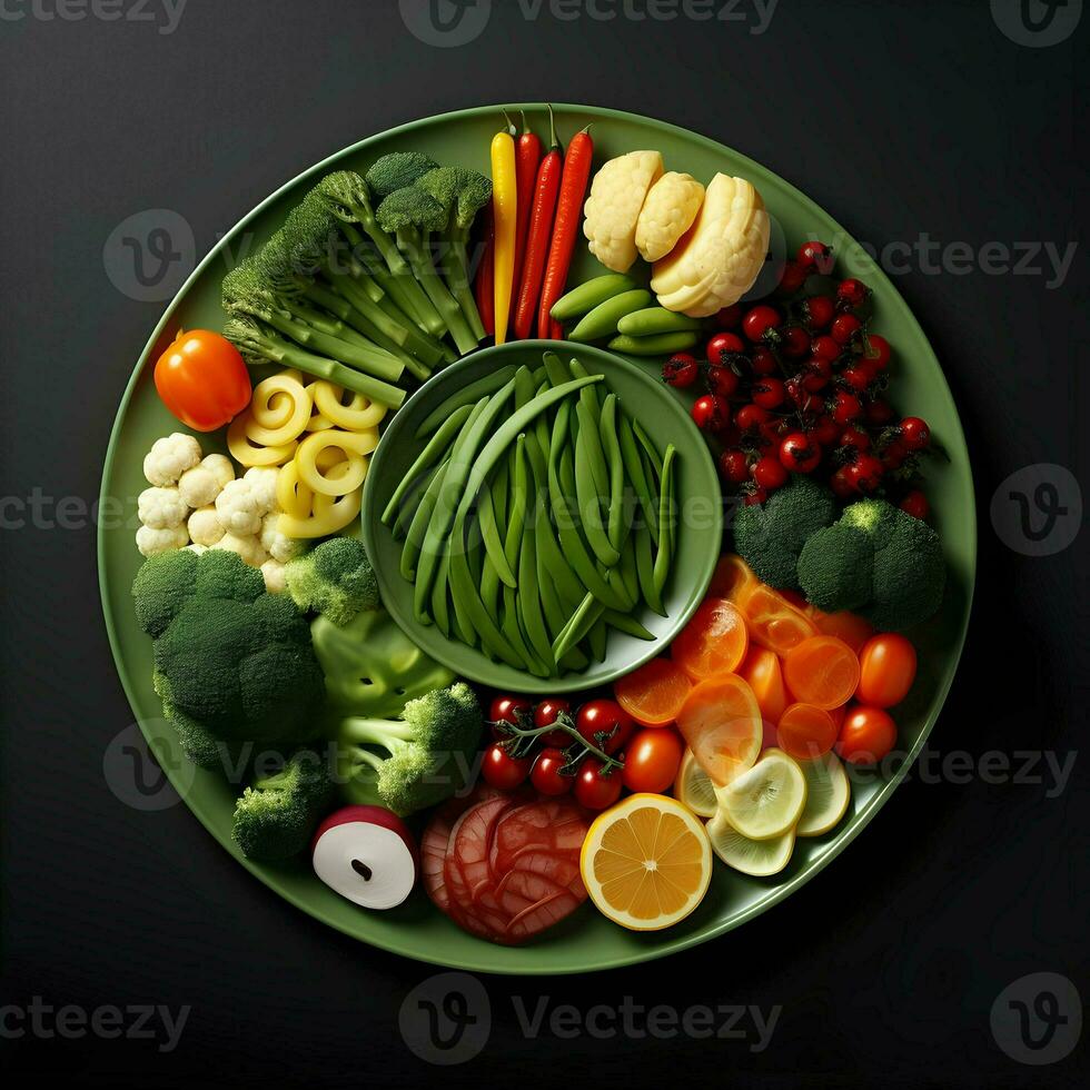 Freshly sliced vegetables arranged on a plate with sauce on the dark background. Ai generative photo
