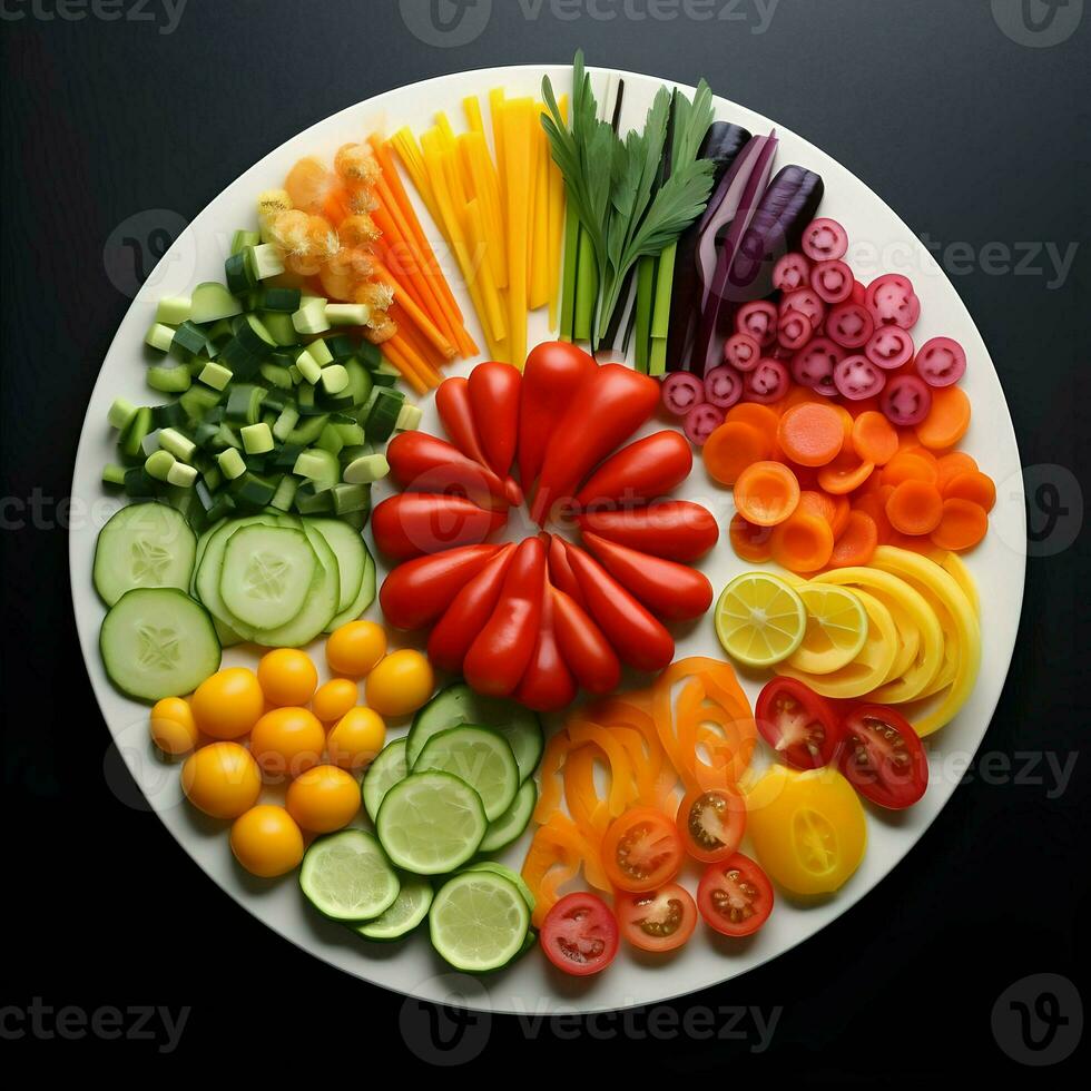 Freshly sliced vegetables arranged on a plate with sauce on the dark background. Ai generative photo