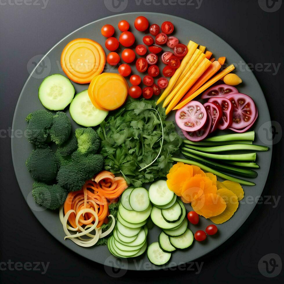 Freshly sliced vegetables arranged on a plate with sauce on the dark background. Ai generative photo