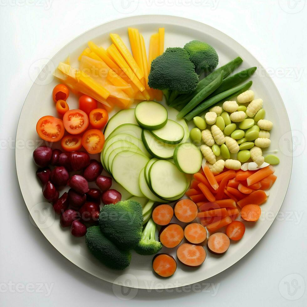 recién rebanado vegetales arreglado en un plato con salsa en el blanco antecedentes. ai generativo foto