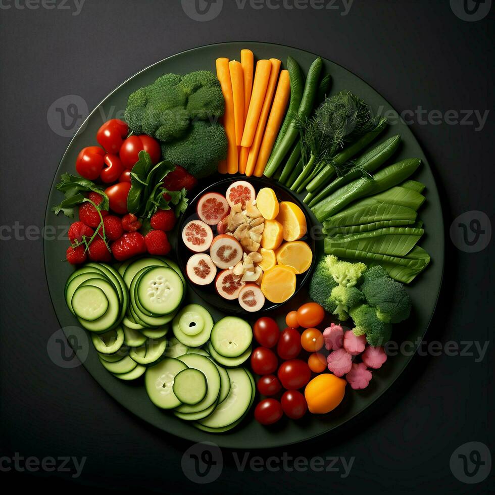 recién rebanado vegetales arreglado en un plato con salsa en el oscuro antecedentes. ai generativo foto