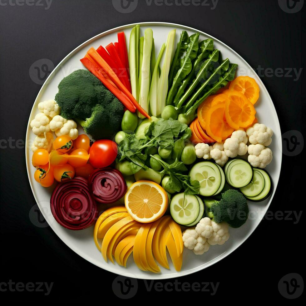 Freshly sliced vegetables arranged on a plate with sauce on the dark background. Ai generative photo