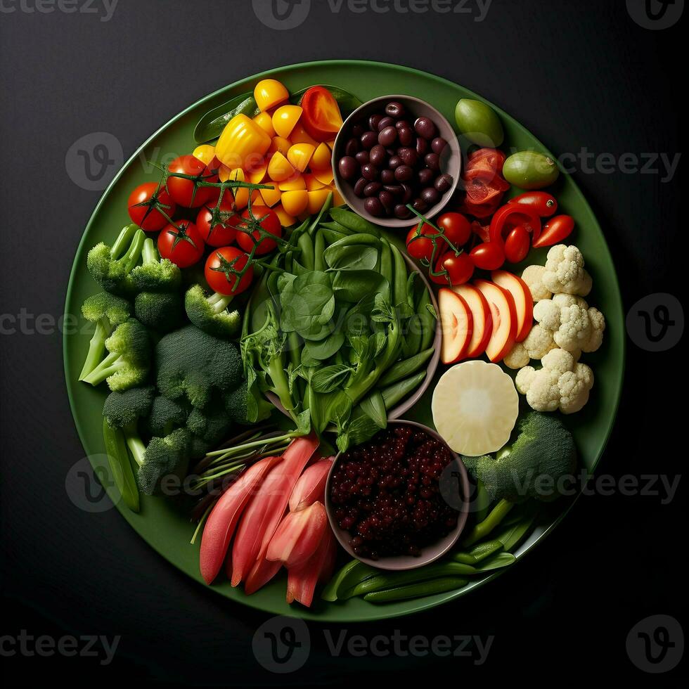 Freshly sliced vegetables arranged on a plate with sauce on the dark background. Ai generative photo