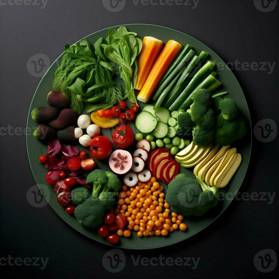 Freshly sliced vegetables arranged on a plate with sauce on the dark background. Ai generative photo