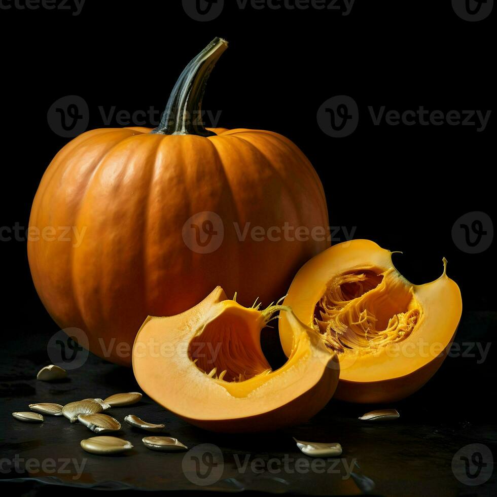 Fresh pumpkin cut in pieces on black background. Ai generative photo