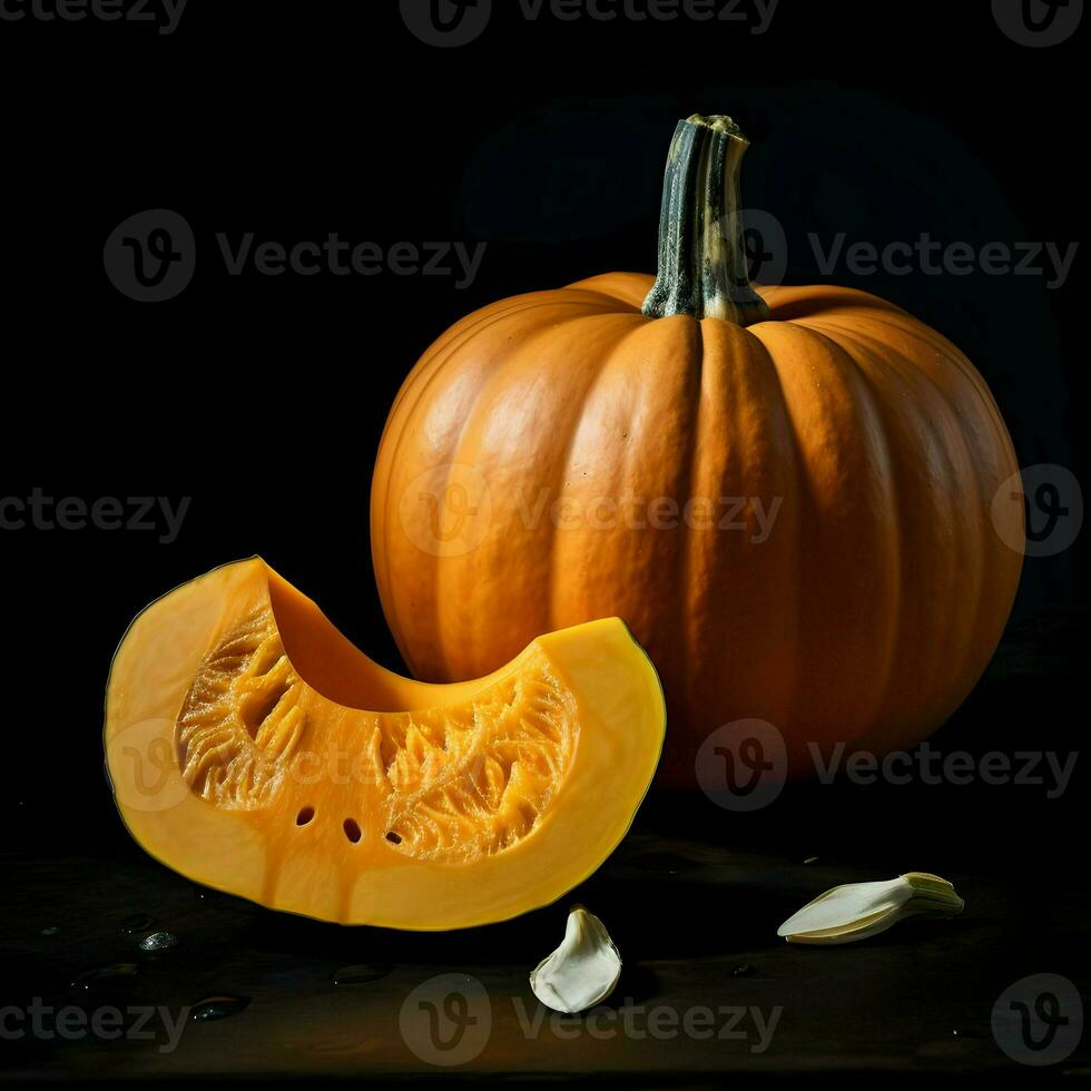 Fresco calabaza cortar en piezas en negro antecedentes. ai generativo foto