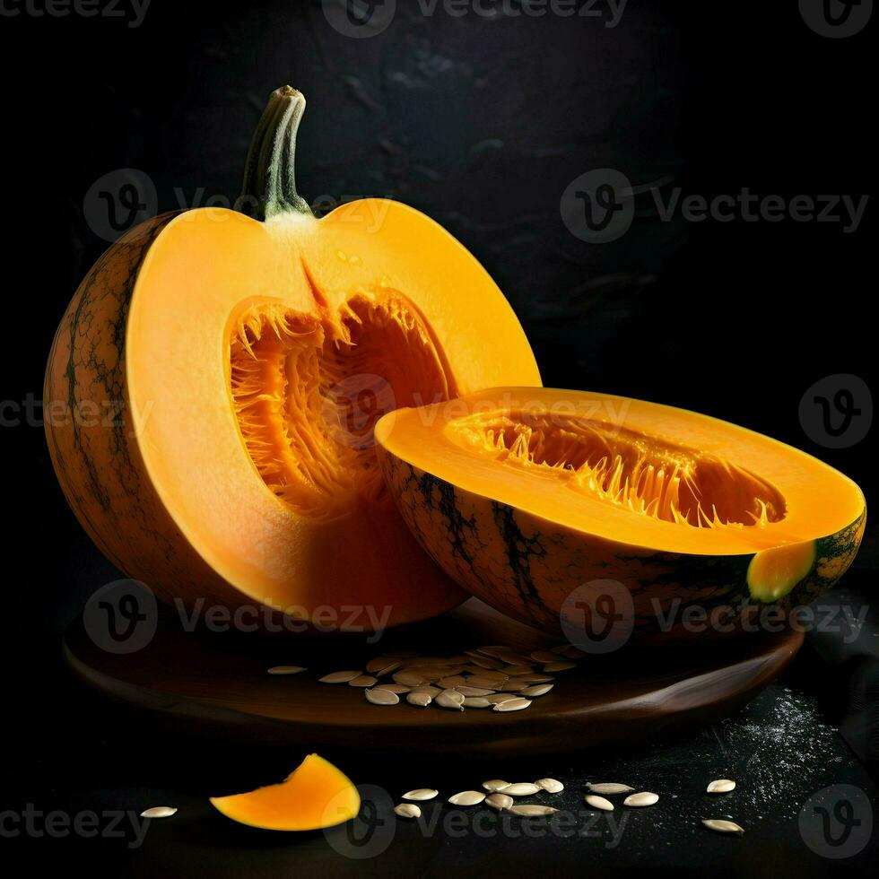 Fresh pumpkin cut in pieces on black background. Ai generative photo