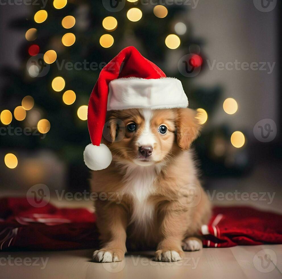 Cute happy christmas dog in hat photo