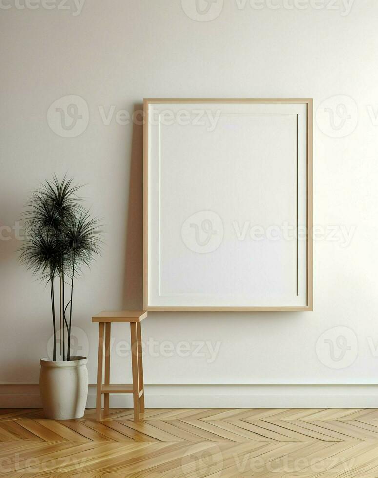 Blank picture frame on parquet floor. Minimalism. Ai generative photo