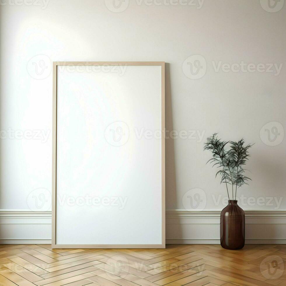 Blank picture frame on parquet floor. Minimalism. Ai generative photo