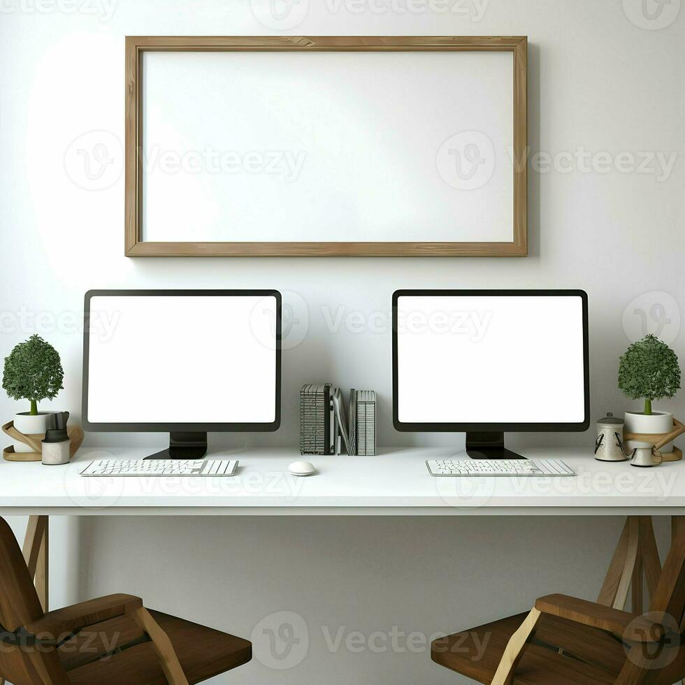 Working place table two monitor with blank frame High resolution. AI Generative photo