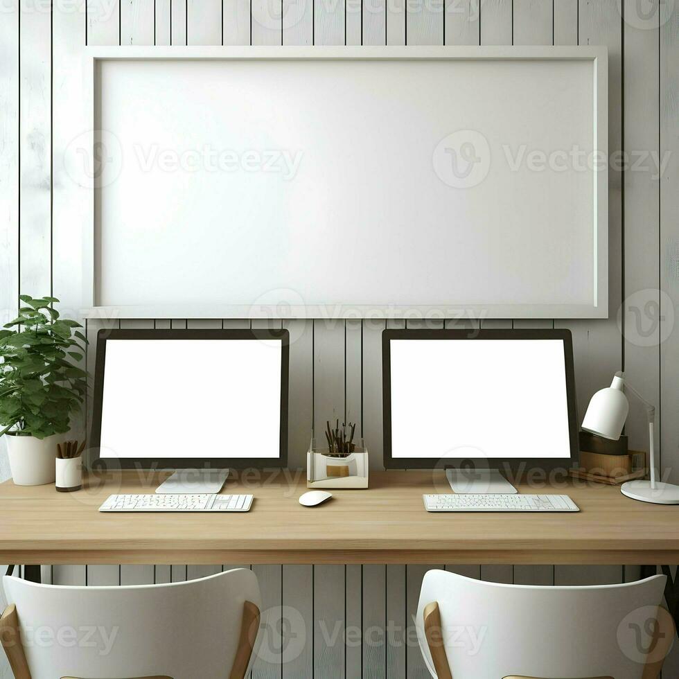 Working place table two monitor with blank frame High resolution. AI Generative photo