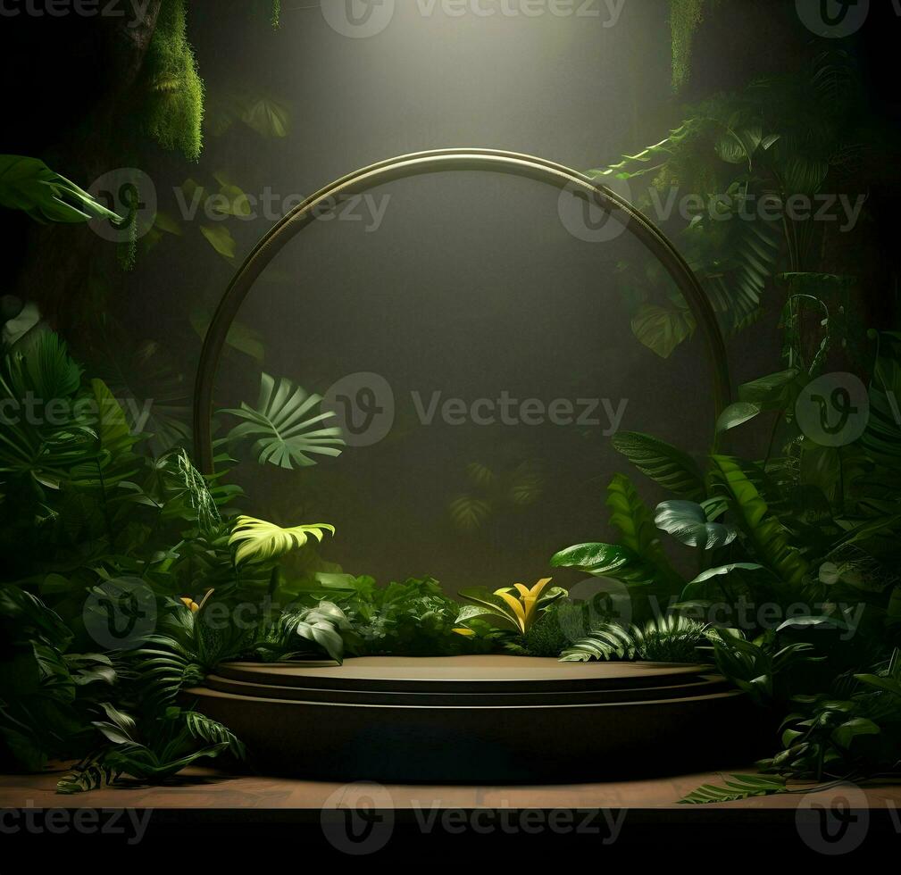 Jungle product display podium. Stage product show. Ai generative photo