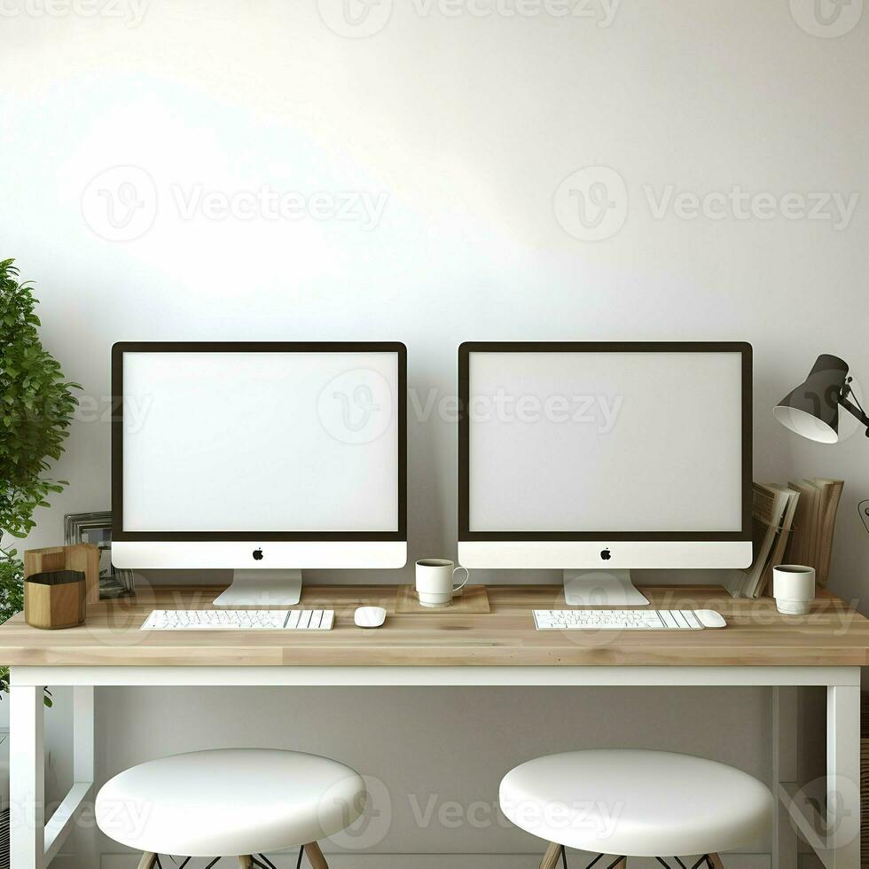 Working place table two monitor with blank frame High resolution AI Generative photo