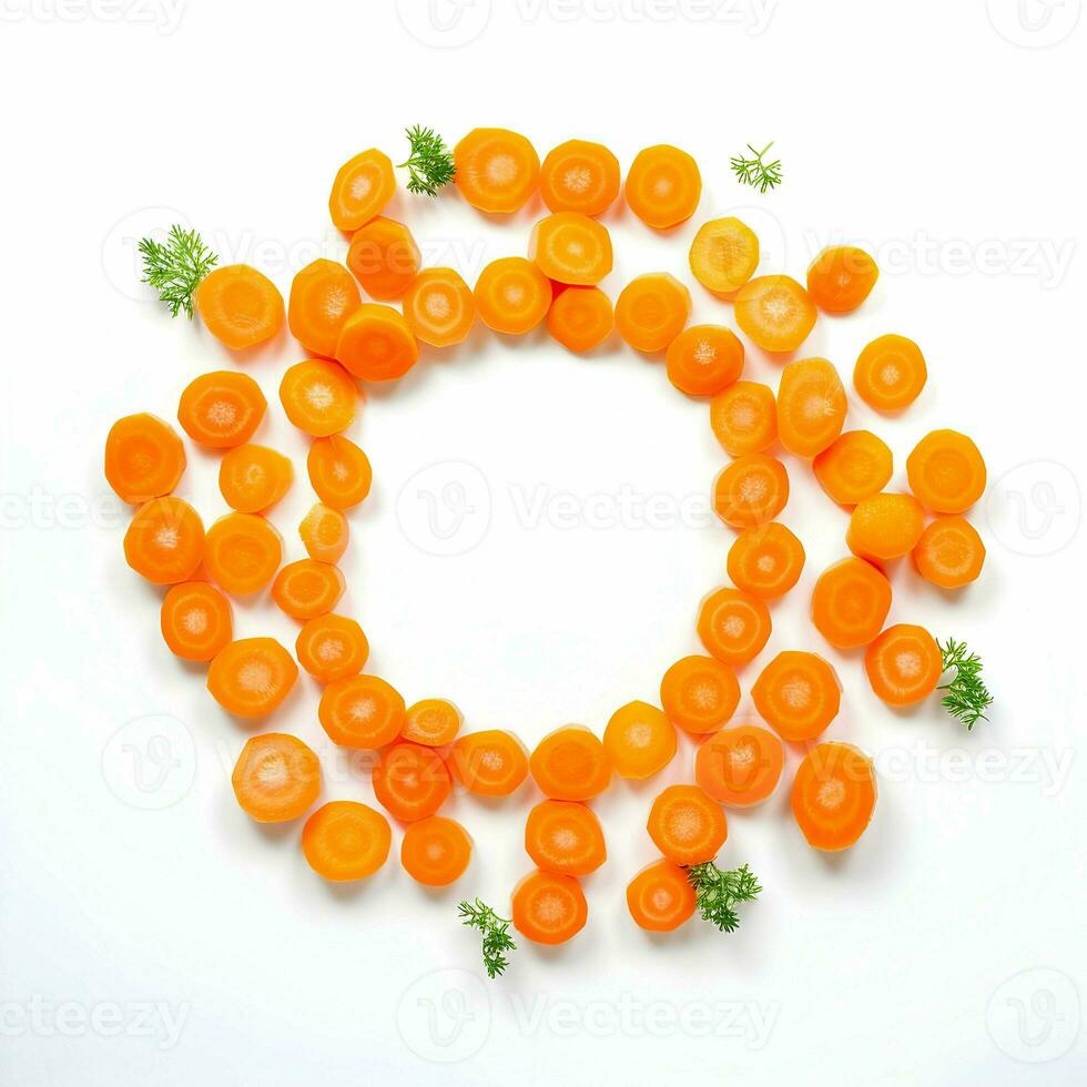 Cut carrot in round peaces on white background. High-resolution. AI Generative photo