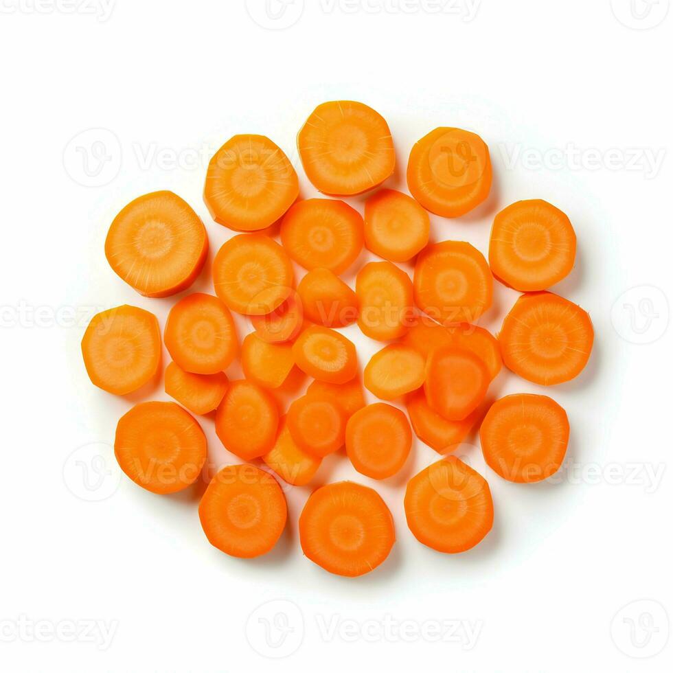 Cut carrot in round peaces on white background. High quality. AI Generative photo