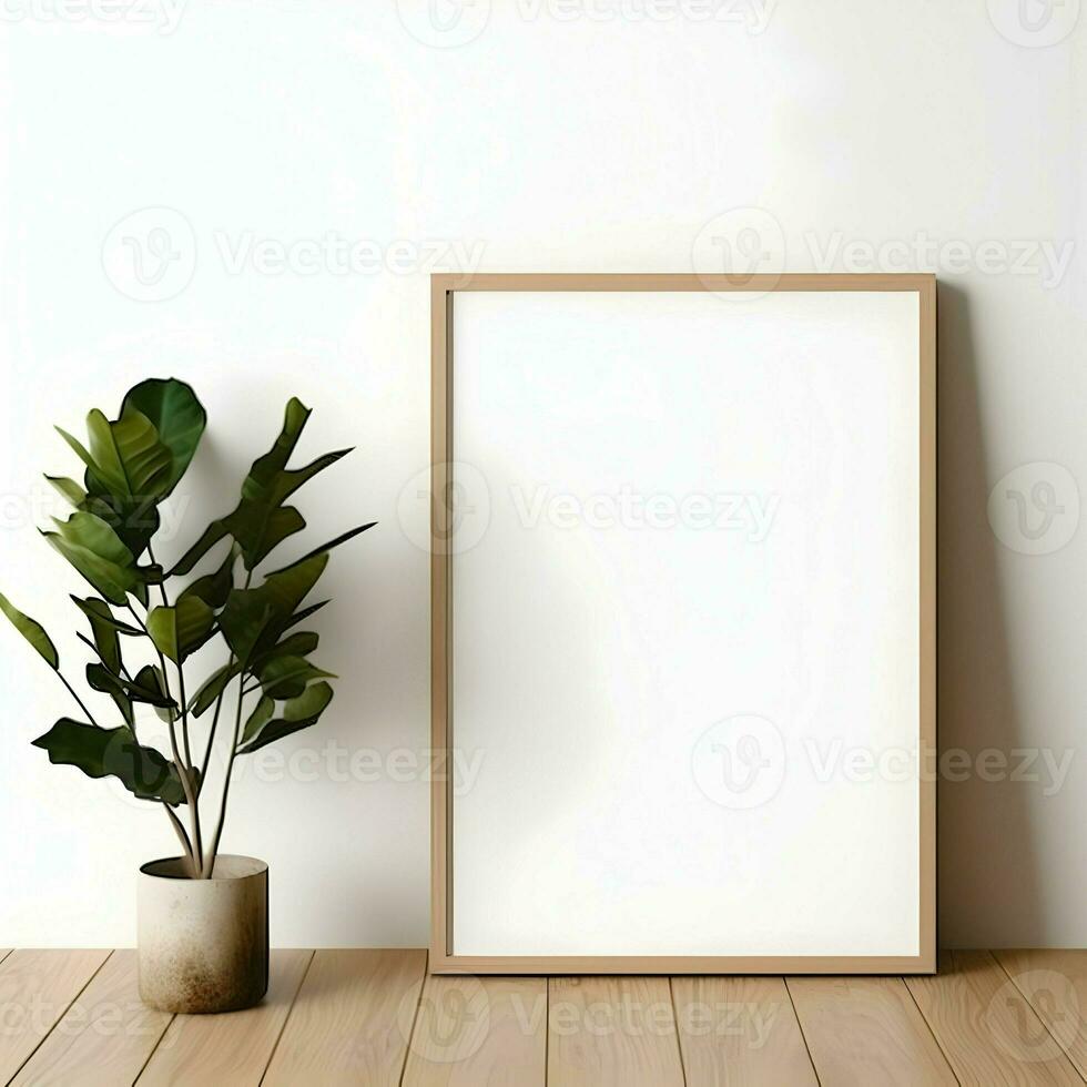 Blank picture frame on the parquet floor. Minimalism. High resolution. AI Generative photo