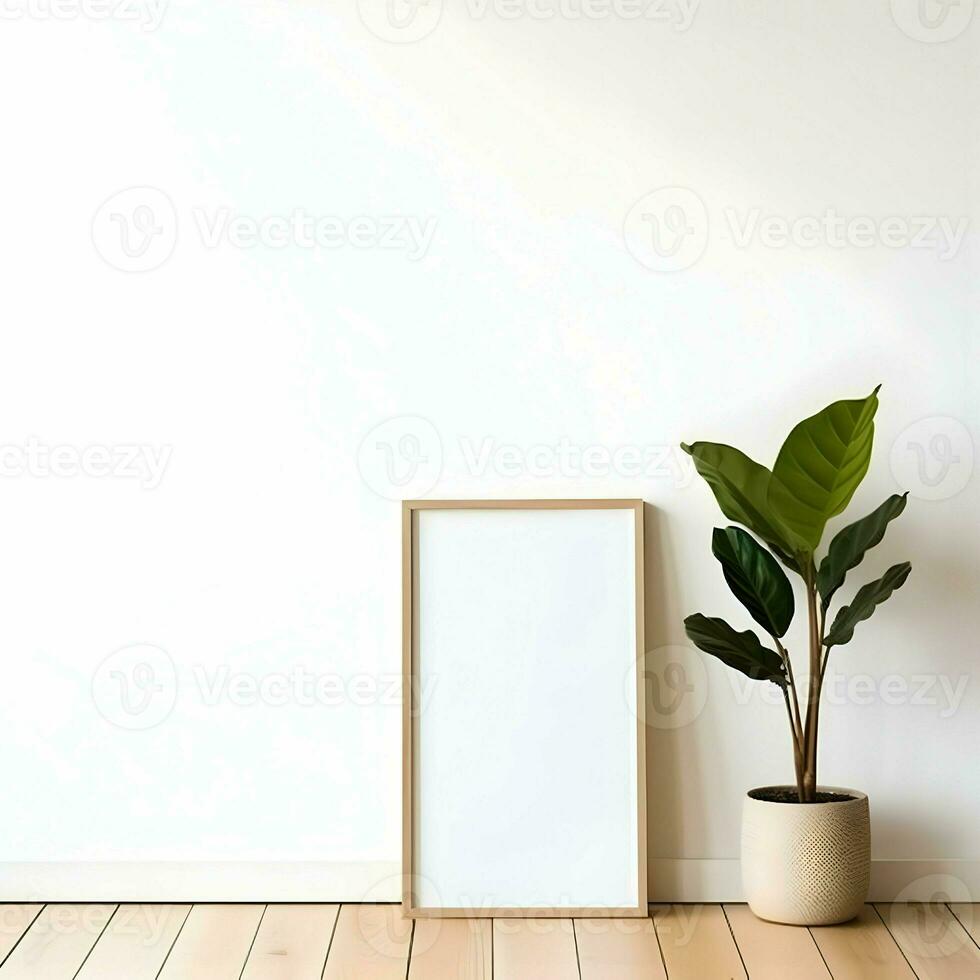 Blank picture frame on the parquet floor. Minimalism. High resolution. AI Generative photo