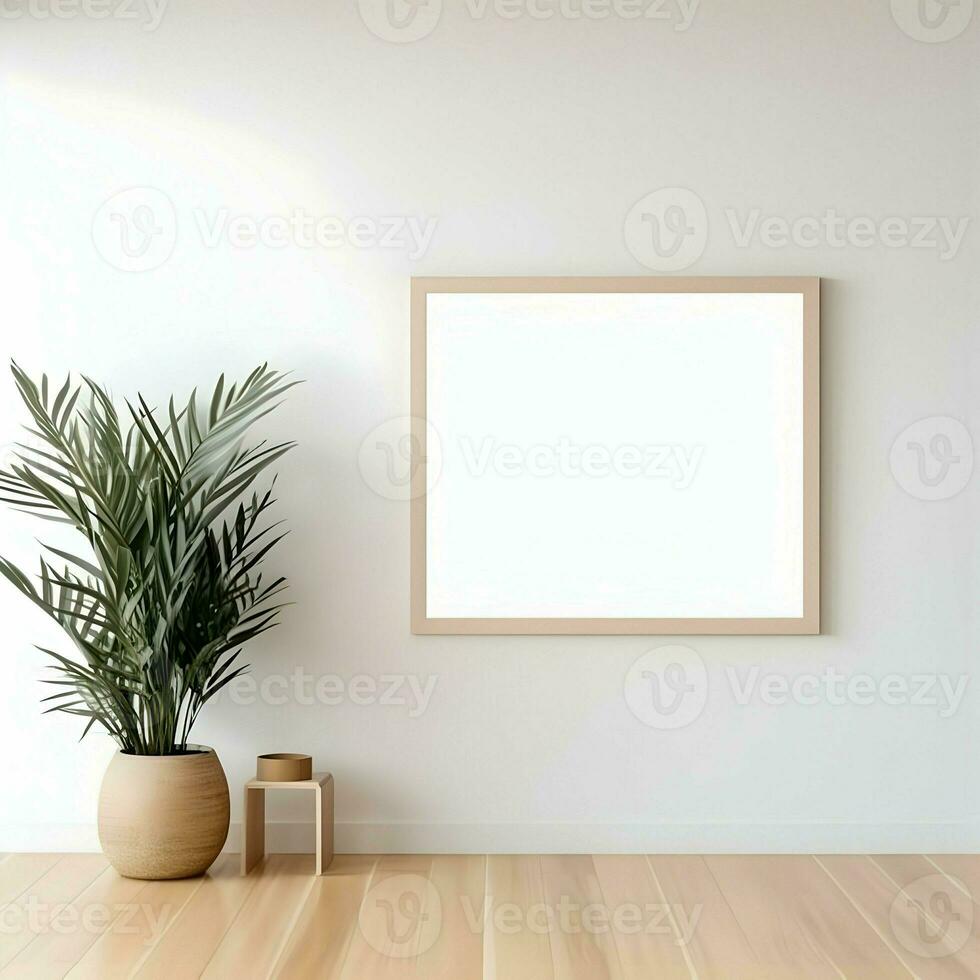 Blank picture frame on the parquet floor. High resolution. AI Generative photo