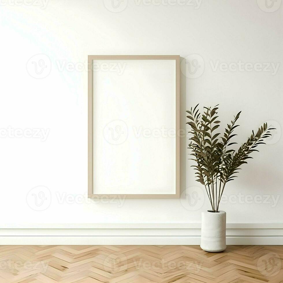 Blank picture frame on the parquet floor. High resolution. AI Generative photo