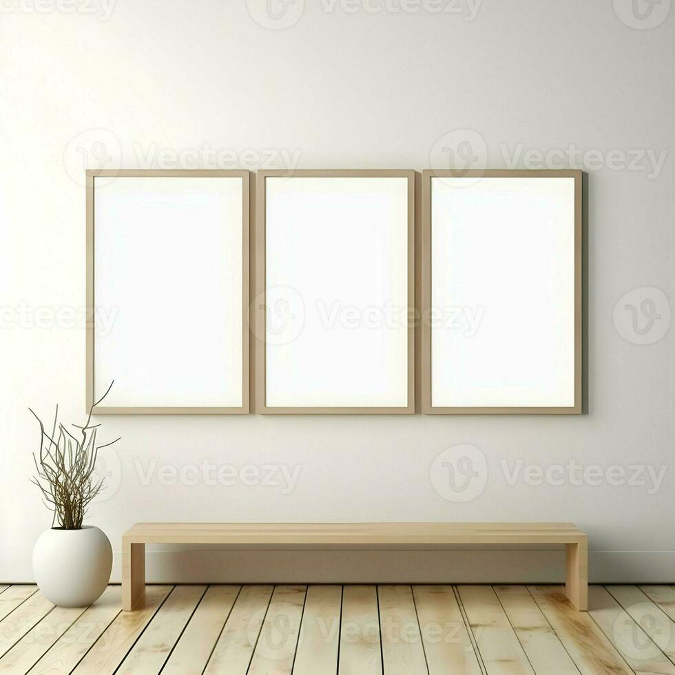 Three photo blank picture frames on parquet floor white wall. Minimalism. High resolution. AI Generative
