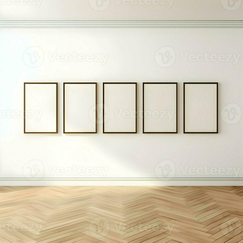 Several photo blank picture frames on the parquet floor in line. High-resolution. AI Generative
