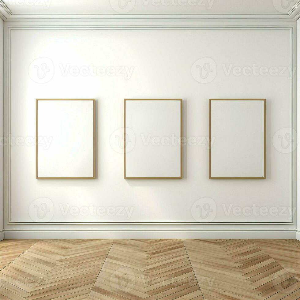 Three photo blank picture frames on parquet floor white wall. Minimalism. High resolution. AI Generative