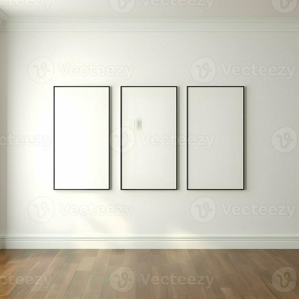 Three photo blank picture frames on parquet floor white wall. Minimalism. High resolution. AI Generative