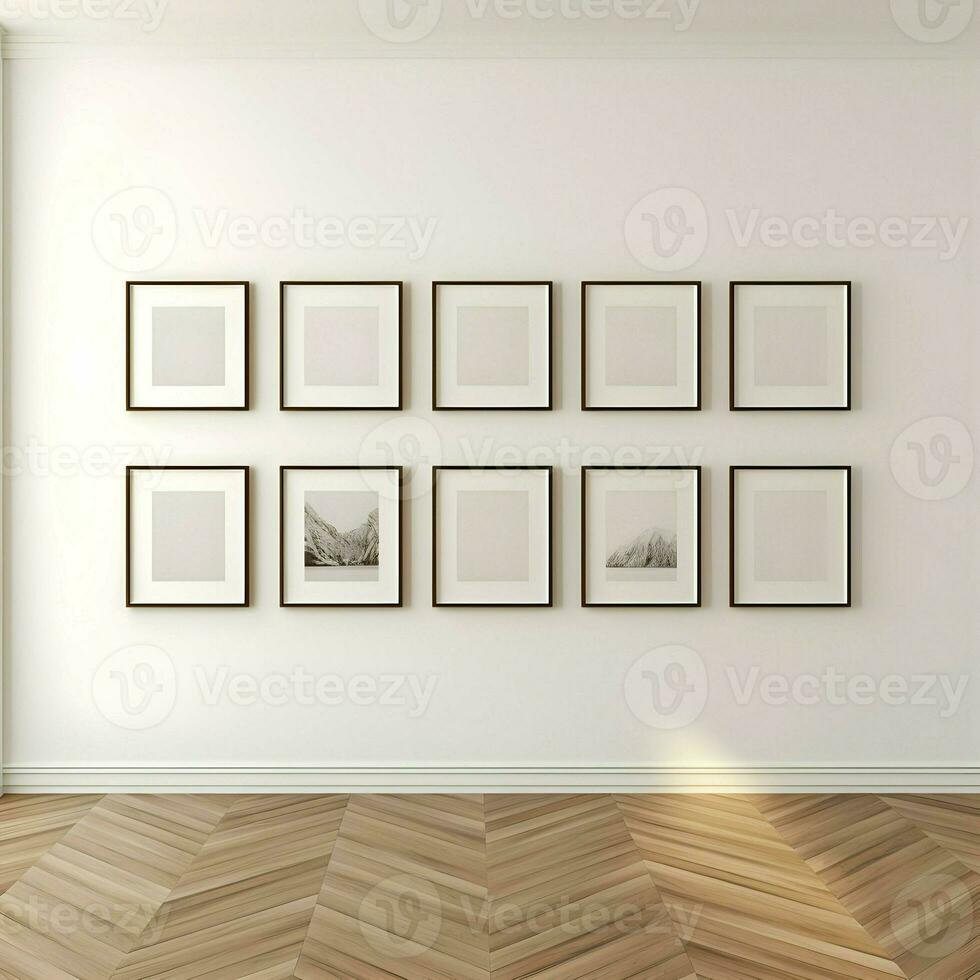 Several photo blank picture frames on parquet floor. High-resolution. AI Generative