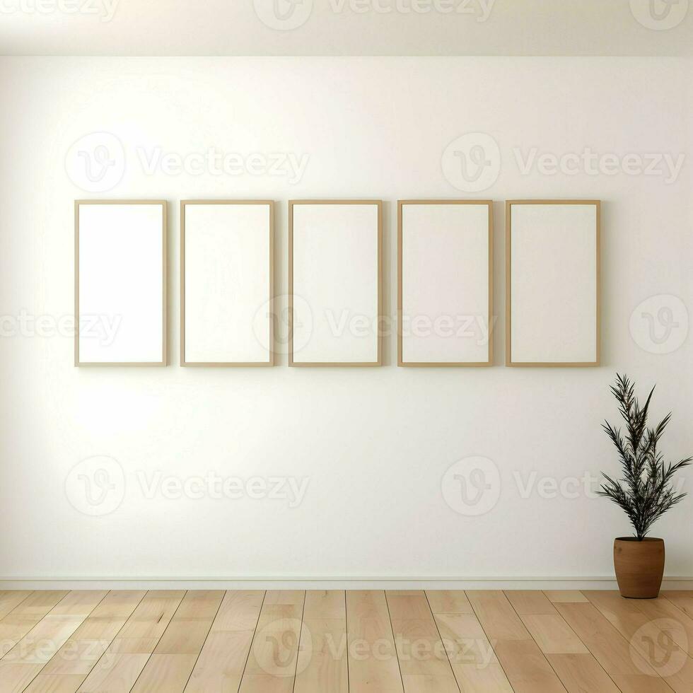 Several photo blank picture frames on parquet floor. High quality. AI Generative
