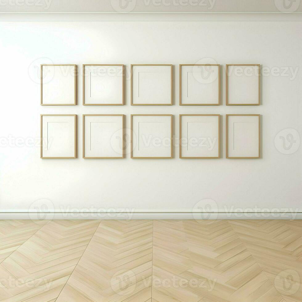 Several photo blank picture frames on parquet floor. High quality. AI Generative