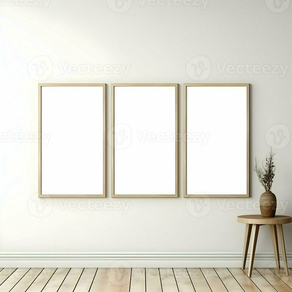 Three photo blank picture frames on parquet floor white wall. Minimalism. High resolution. AI Generative